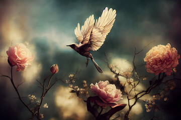 Delicate painting with a bird landing on the flowers. Pastel tones. Blurred background. Digital art. Generative AI.