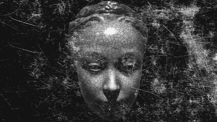 a terrible statue in cracks with flashing white scratches