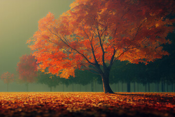 autumn in the forest  secnic view illustration landscape fog river vibe 
