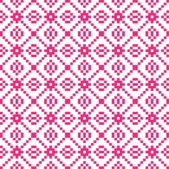 Pink cross-stitch knitting pattern on white background. Pink square dots on white backdrop. Fabric pattern design for sale. Knitting handicraft art.