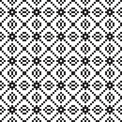 Black cross-stitch knitting pattern on white background. Black square dots on white backdrop. Fabric pattern design for sale. Knitting handicraft art.