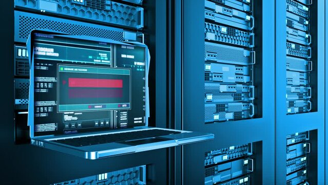 Software Failure Warning Error Alert Text Computer Screen Login And Password on server racks data center room Internet. concept Cyber security hacker. Error Security, Hacking Alert, Cyber Crime Attack