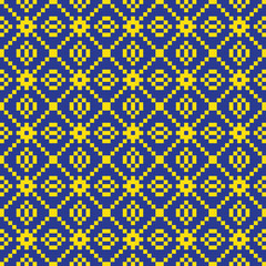 Yellow cross-stitch knitting pattern on blue background. Yellow square dots on blue backdrop. Fabric pattern design for sale. Knitting handicraft art.