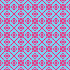 Red cross-stitch knitting pattern on blue background. Red square dots on blue backdrop. Fabric pattern design for sale. Knitting handicraft art.