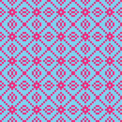 Red cross-stitch knitting pattern on blue background. Red square dots on blue backdrop. Fabric pattern design for sale. Knitting handicraft art.