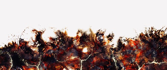 Abstract dark flames alcohol ink background, coloured liquified texture with black and orange accent, luxury mix of colours, original wallpaper, golden veins, kintsugi, free copy space, white canvas