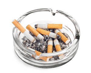 Burning cigarettes in ashtray on white background