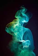 Computer generated dynamic coloured smoke mist effect against a black 3D illustration background. A.I. generated art.