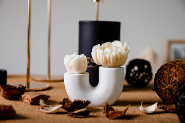 Spa at home. Cozy scandinavian interior, relaxing at home. Beige and light grey background