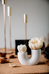Spa at home. Cozy scandinavian interior, relaxing at home. Beige and light grey background