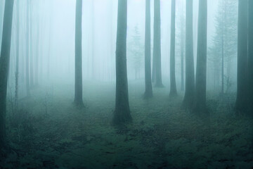 Fototapeta premium Panorama of foggy forest. Fairy tale spooky looking woods in a misty day. Cold foggy morning in horror forest