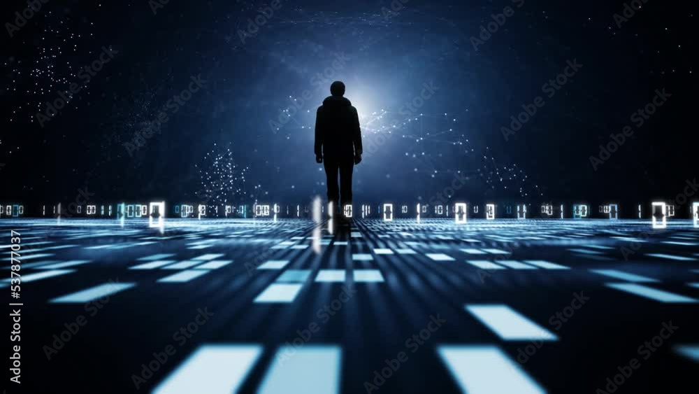 Poster futuristic augmented digital artificial intelligence city network road with people silhouette and te