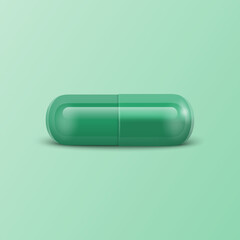 Vector 3d Realistic Green Pharmaceutical Medical Pill, Capsule, Tablet on Green Background. Front View. Copy Space. Herbal Medicine Concept