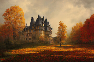autumn chateau view secnery beautiful river moutain digital painting 