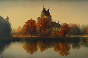 Obraz premium autumn chateau view secnery beautiful river moutain digital painting 