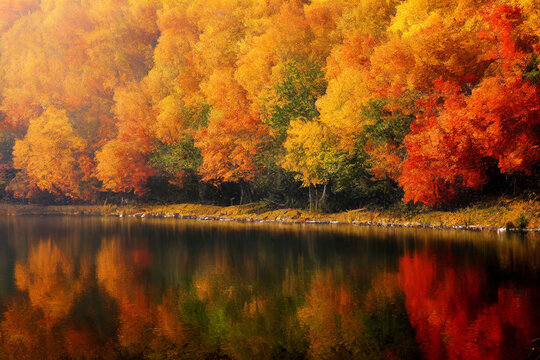 autumn chateau view secnery beautiful river moutain digital painting 