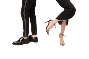 Young man and woman in black standing with their backs to each other with transparent background