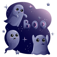Cute cartoon flying ghosts in the starry sky. Funny ghostly shadows, phantoms, spirits with different emotions. Vector illustration for Halloween holiday.