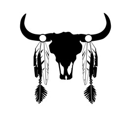 Cow head silhouette with feathers, Native American logo illustration isolated