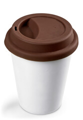 White paper coffee cup with black top isolated on white background