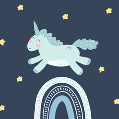Cute unicorn, rainbow and stars in cartoon flat style. Vector illustration of baby horse, pony animal in tyrquoise color for fabric print, apparel, children textile design, card, nursery poster