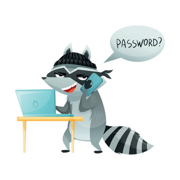 Raccoon Burglar with Striped Tail Wearing Mask Breaking Password on Laptop Speaking by Phone Cheating Someone Vector Illustration