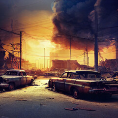 Fototapeta na wymiar The world after the atomic bomb, nuclear war, post-apocalyptic city, abandoned city