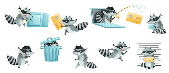 Raccoon Burglar with Striped Tail Wearing Mask Stealing and Hacking Vector Set