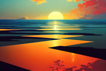 Summer art background. Illustration of beautiful sunset. 3D image. Used neural network for drawing.