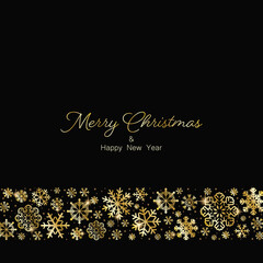 Merry Christmas and Happy New Year greeting card design with golden stars and snowflakes decorated on Christmas background for banners, posters, or cards.