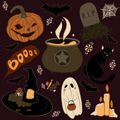 A set of stickers on the theme of Halloween.