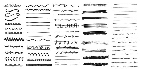 Vector doodle brushes set. Scribble marker borders, sketch underlines.