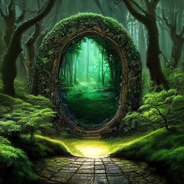 Magic Teleport Portal In Mystic Fairy Tale Forest. Gate To Parallel Fantasy World. 3D Illustration.