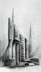 Futuristic surreal urban architecture pencil drawing style. Fantasy alien city. 3D illustration.