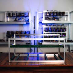 Selective focus shot of stackable open air mining rig frame miner case