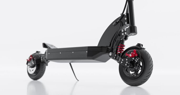 Professional electric scooter with suspension system - close-up to front brake module - 3d render