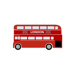 A minimalist illustration of a red London double-decker bus with "LONDON" text and Union Jack flags, designed in a simple geometric style on a white background.