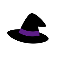 A minimalist illustration of a classic black witch hat with a purple band, featuring a slightly bent and pointed top, commonly associated with Halloween and magic.