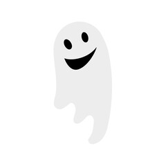 A minimalist illustration of a friendly ghost with a white, wavy body, black oval eyes, and a big smiling mouth, giving it a cute and playful Halloween vibe.