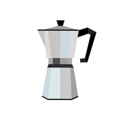 A minimalist illustration of a moka pot, also known as a stovetop espresso maker, with a silver metallic body and a black handle, commonly used for brewing strong coffee at home.
