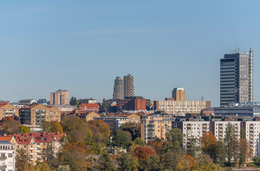 Panorama view with facades and skyscrapers, apartments houses and offices a color full autumn day in Stockholm