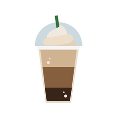 A minimalist illustration of a layered iced coffee beverage with whipped cream on top, featuring different shades of brown to represent the coffee layers, and a green straw.