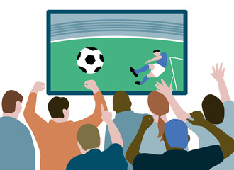 People fans watching soccer match on tv. Flat vector stock illustration with football players on TV.Vector illustration.