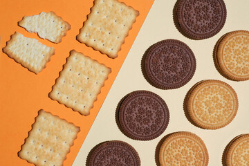Pattern of cookies. Cookies on an orange background. Festive, children's background. Flat lay. flat lay.