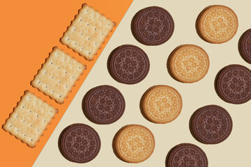 Pattern of cookies. Cookies on an orange background. Festive, children's background. Flat lay. flat lay.