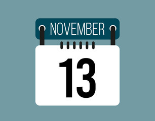 13 November calendar icon. November calendar date and month icon with black number