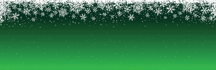 Obraz na płótnie Canvas Green christmas banner with white snowflakes. Merry Christmas and Happy New Year greeting banner. Horizontal new year background, headers, posters, cards, website. Vector illustration