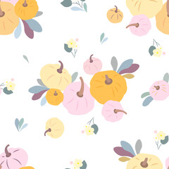 Orange pumpkins with flowers on a white background. Colorful pumpkins. Seamless vector pattern.	