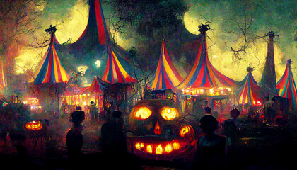 halloween haunted circus spectacle, abstract digital illustration, created with generative ai - obrazy, fototapety, plakaty