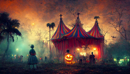 halloween haunted circus tent house, abstract digital illustration, created with generative ai - obrazy, fototapety, plakaty